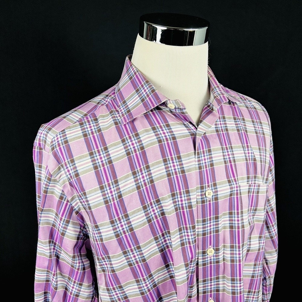 David Donahue XL Casual Button Front Shirt Pink Purple Plaid 100% Cotton